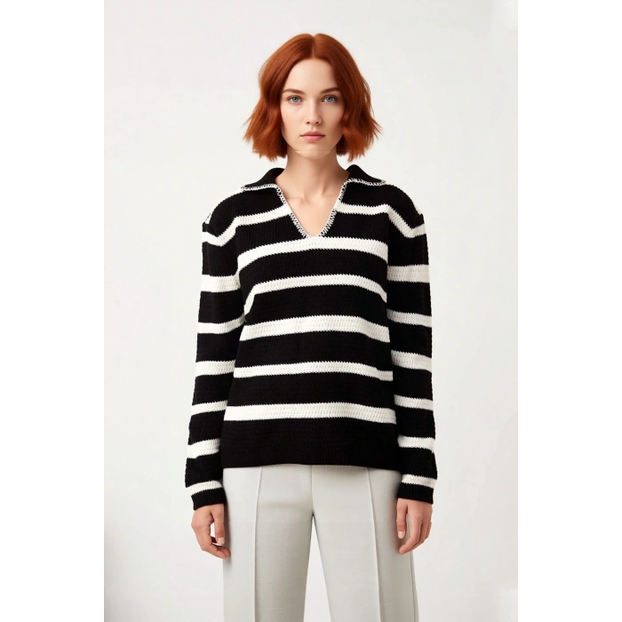 Kadın Çizgili Oversize Polo Yaka Düşük Kol Akrilik Triko Kazak Kışlık Basic Tarzınızı Tamamlar