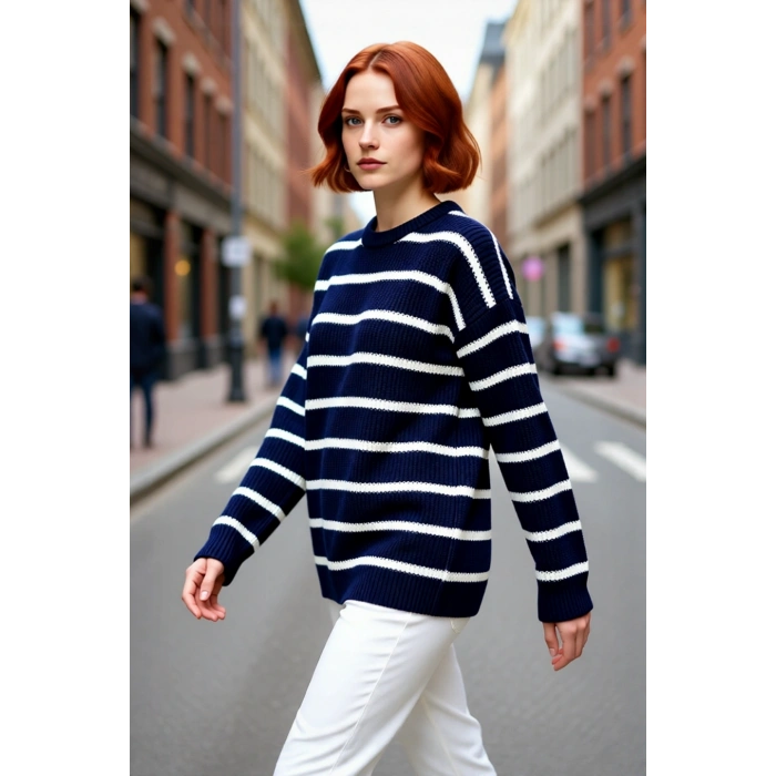 Kadın Çizgili Oversize Triko Kazak Bisiklet Yaka Tasarımı ile Uzun Kollu Kış Günlerinin Yıldızı