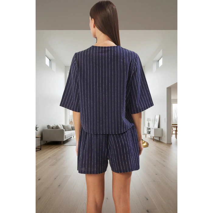 Kadın Çizgili Pamuklu Pijama Takımı Şal Yaka Bağlamalı Yazlık Özenle Seçilmiş Şık Görünüm