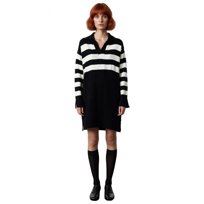 Kadın Çizgili Polo Yaka Akrilik Triko Shift Kalıp Uzun Kollu Mini Elbise Rahat Ve Şık Tasarım