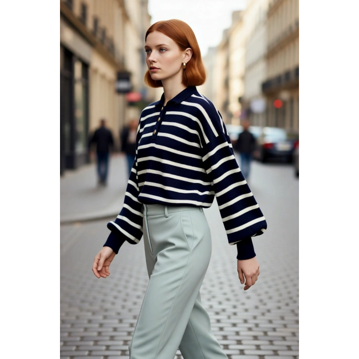 Kadın Çizgili Polo Yaka Düşük Kol Relaxed Fit Kışlık Triko Kazak Günlük Şıklık Sunar Kaliteli