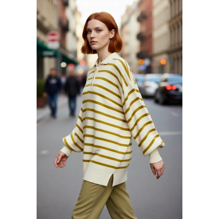 Kadın Çizgili Polo Yaka Düşük Kol Relaxed Fit Kışlık Triko Kazak Günlük Şıklık Sunar Kaliteli
