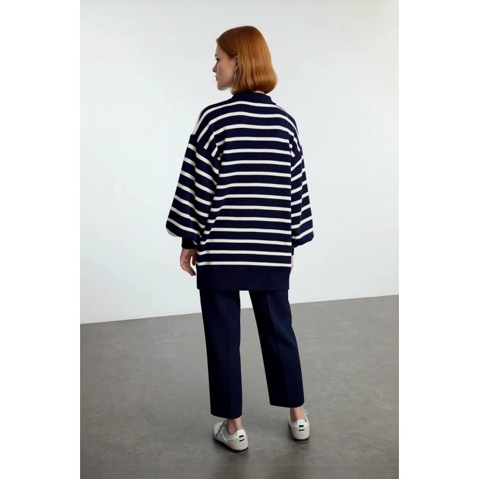 Kadın Çizgili Polo Yaka Düşük Kol Relaxed Fit Kışlık Triko Kazak Günlük Şıklık Sunar Kaliteli