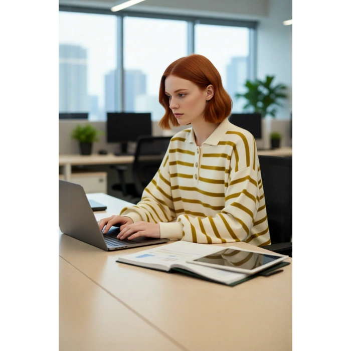 Kadın Çizgili Polo Yaka Düşük Kol Relaxed Fit Kışlık Triko Kazak Günlük Şıklık Sunar Kaliteli