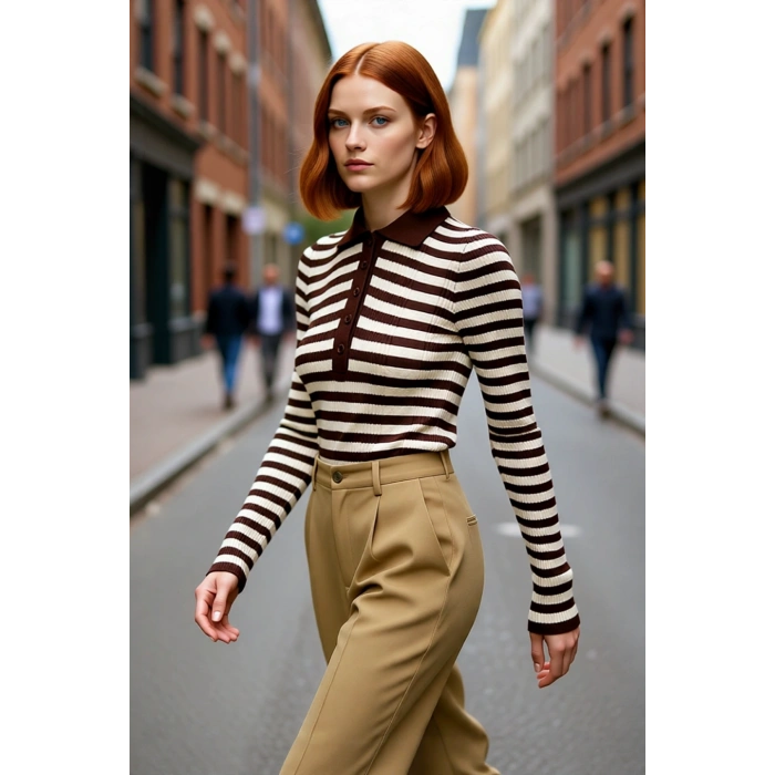 Kadın Çizgili Polo Yaka Fitted Triko Kazak Akrilik Dokusuyla Casual ve Günlük Şıklık Sunar