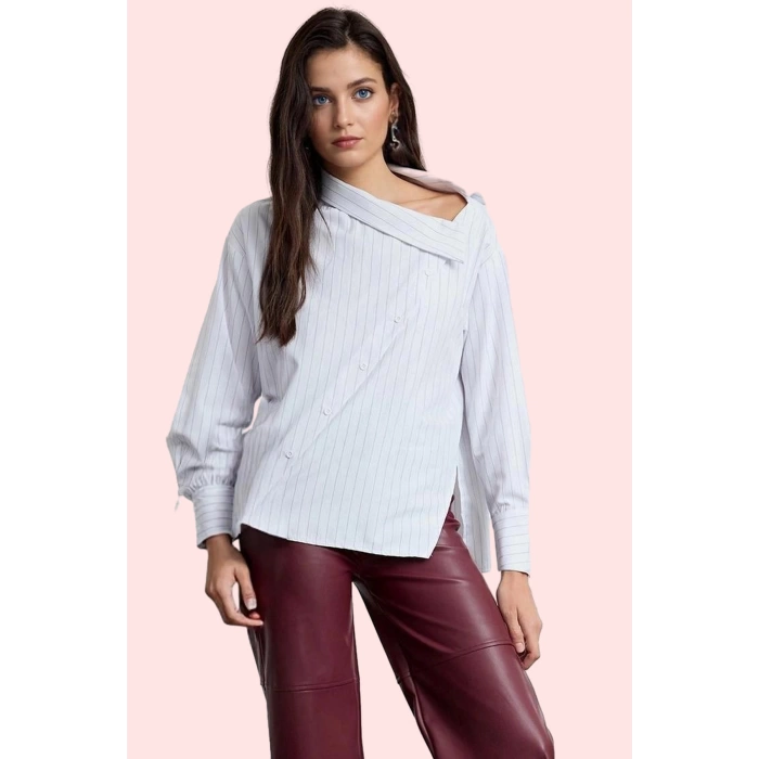 Kadın Çizgili Terrycotton Kumaş Gömlek Yaka Uzun Kollu Şık Günlük Kullanım Kaliteli Malzeme
