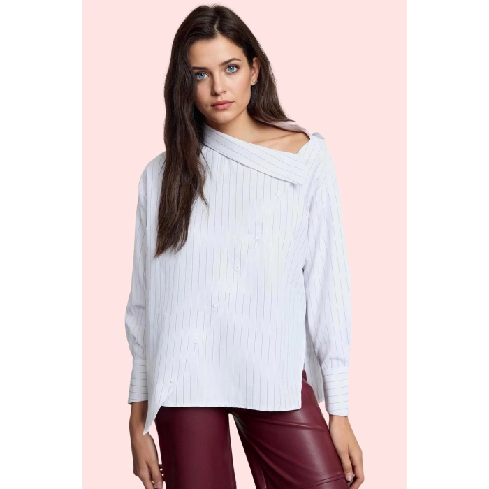 Kadın Çizgili Terrycotton Kumaş Gömlek Yaka Uzun Kollu Şık Günlük Kullanım Kaliteli Malzeme