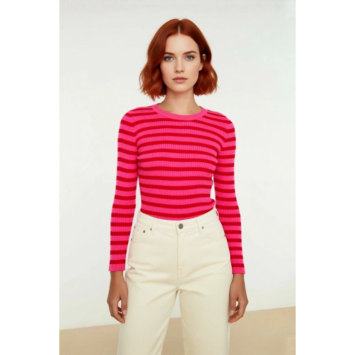 Kadın Çizgili Triko Fitted Uzun Kol Bisiklet Yaka Akrilik Basic Casual Günlük Kazak Kaliteli