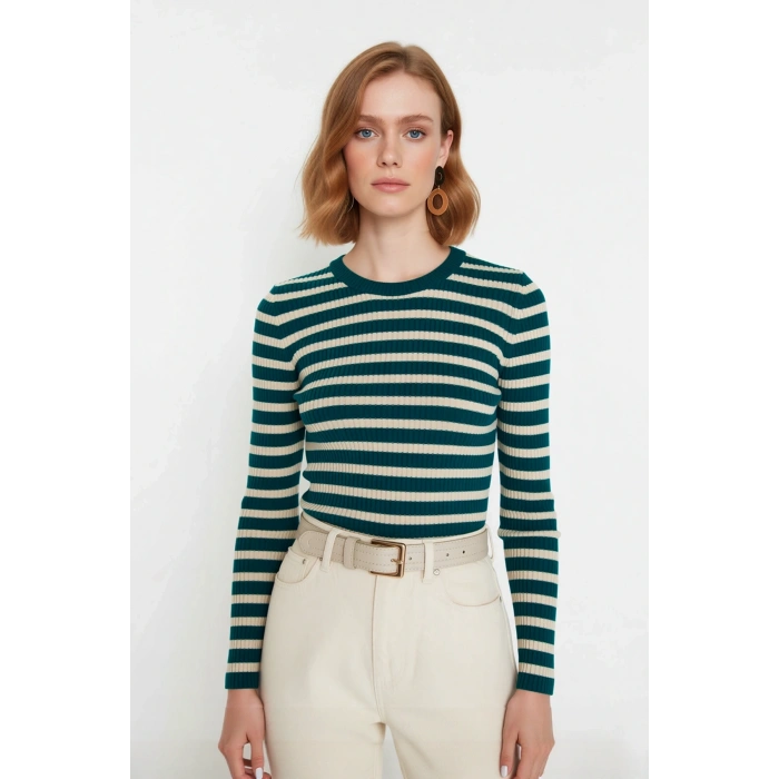 Kadın Çizgili Triko Fitted Uzun Kol Bisiklet Yaka Akrilik Basic Casual Günlük Kazak Kaliteli