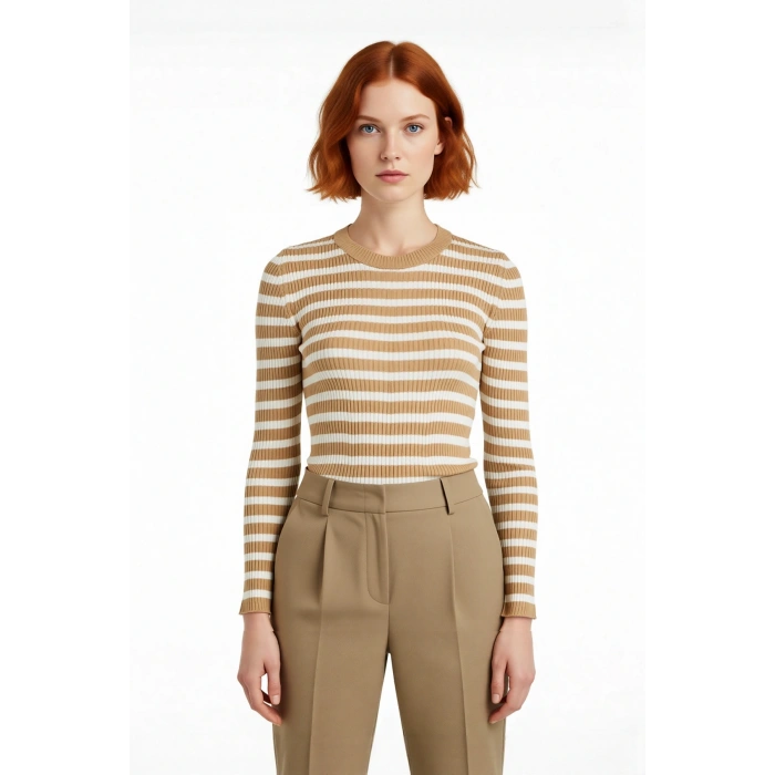 Kadın Çizgili Triko Fitted Uzun Kol Bisiklet Yaka Akrilik Basic Casual Günlük Kazak Kaliteli