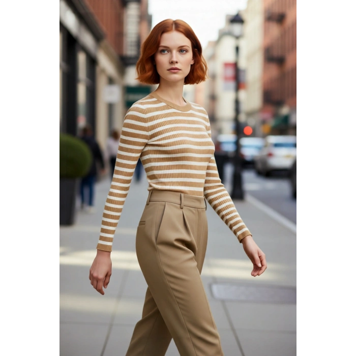 Kadın Çizgili Triko Fitted Uzun Kol Bisiklet Yaka Akrilik Basic Casual Günlük Kazak Kaliteli