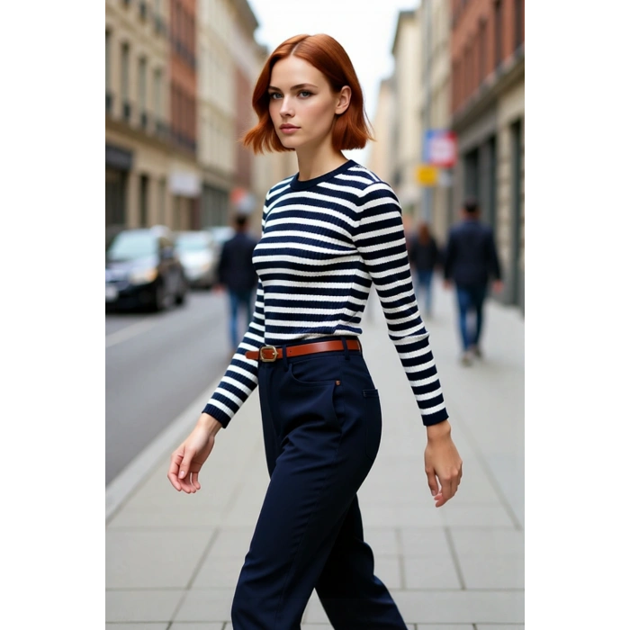 Kadın Çizgili Triko Fitted Uzun Kol Bisiklet Yaka Akrilik Basic Casual Günlük Kazak Kaliteli