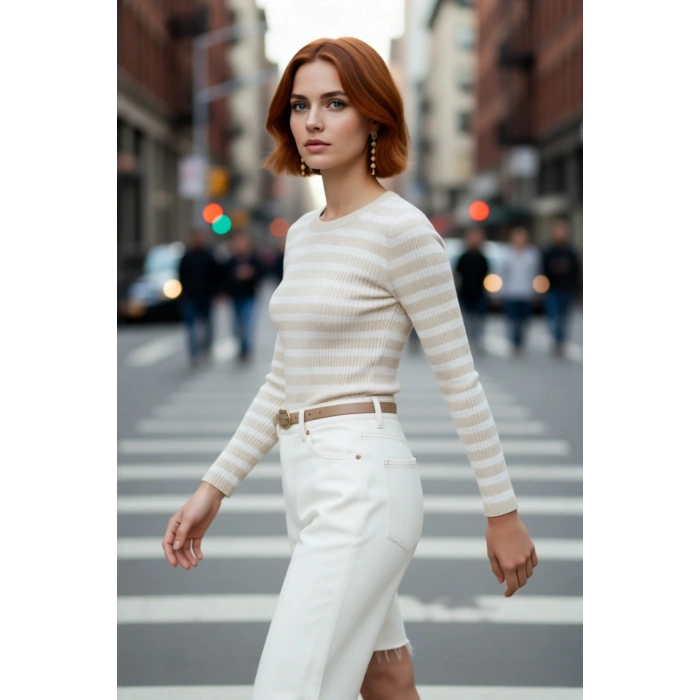 Kadın Çizgili Triko Fitted Uzun Kol Bisiklet Yaka Akrilik Basic Casual Günlük Kazak Kaliteli