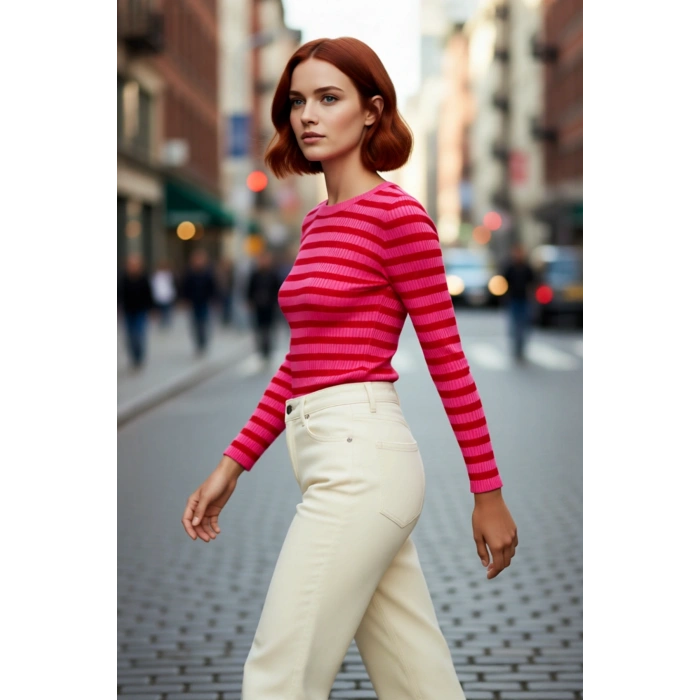 Kadın Çizgili Triko Fitted Uzun Kol Bisiklet Yaka Akrilik Basic Casual Günlük Kazak Kaliteli