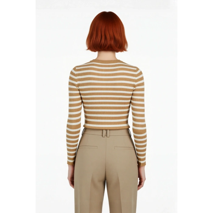 Kadın Çizgili Triko Fitted Uzun Kol Bisiklet Yaka Akrilik Basic Casual Günlük Kazak Kaliteli