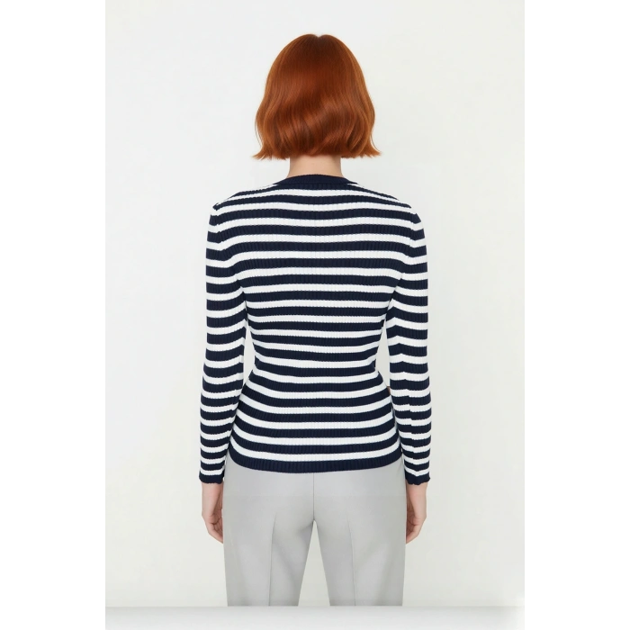 Kadın Çizgili Triko Fitted Uzun Kol Bisiklet Yaka Akrilik Basic Casual Günlük Kazak Kaliteli