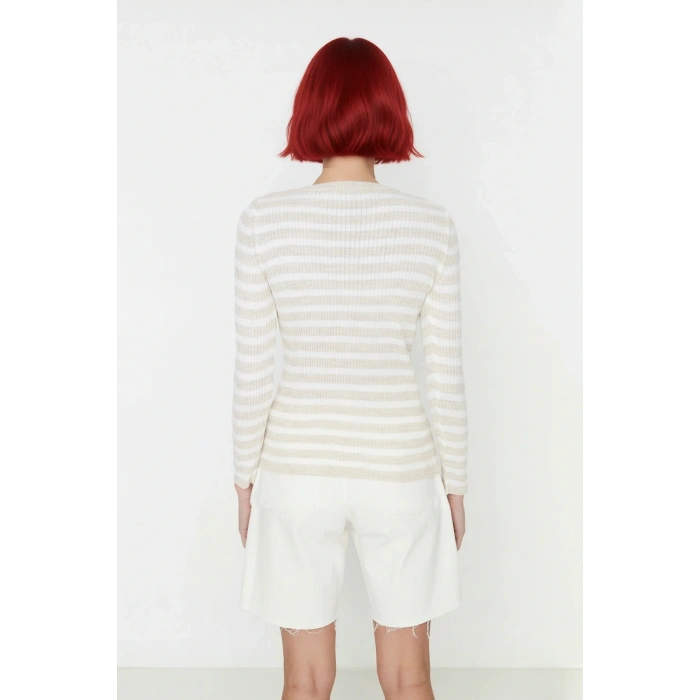 Kadın Çizgili Triko Fitted Uzun Kol Bisiklet Yaka Akrilik Basic Casual Günlük Kazak Kaliteli