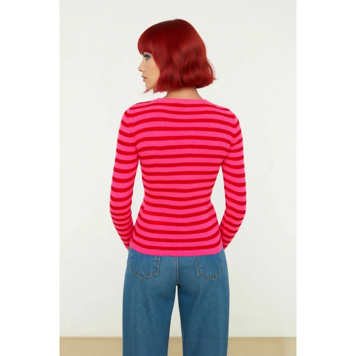 Kadın Çizgili Triko Fitted Uzun Kol Bisiklet Yaka Akrilik Basic Casual Günlük Kazak Kaliteli