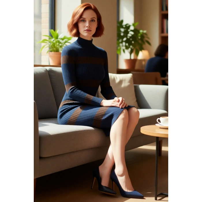 Kadın Çizgili Triko Midi Elbise Dik Yaka Uzun Kollu Bodycon Akrilik İnce Kumaş İlkbahar Sonbahar