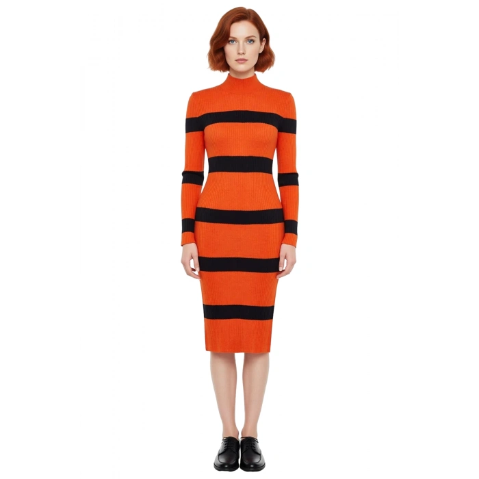 Kadın Çizgili Triko Midi Elbise Dik Yaka Uzun Kollu Bodycon Akrilik İnce Kumaş İlkbahar Sonbahar