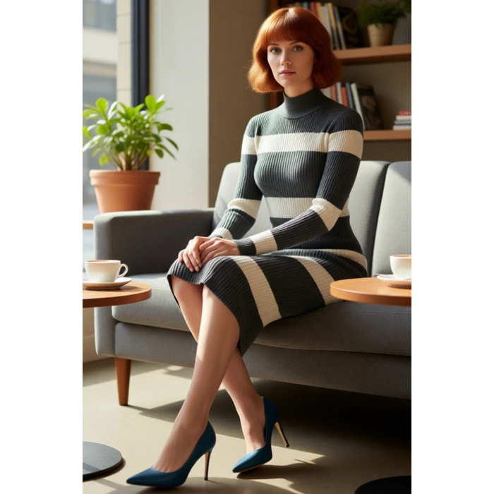 Kadın Çizgili Triko Midi Elbise Dik Yaka Uzun Kollu Bodycon Akrilik İnce Kumaş İlkbahar Sonbahar