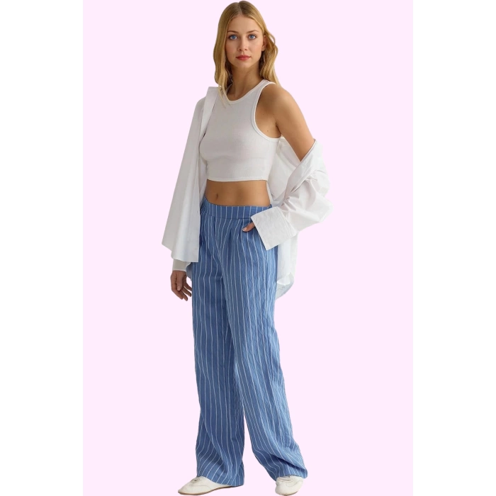 Kadın Çizgili Wide Leg Pantolon Rahatlık ve Şıklık Bir Arada Günlük Kombinler İçin Hafta Sonu