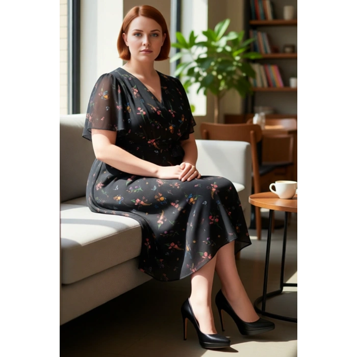 Kadın Çok Renkli Çiçekli V Yaka Kruvaze Maxi Boy Şifon A line Elbise İlkbahar Sonbahar Kaliteli