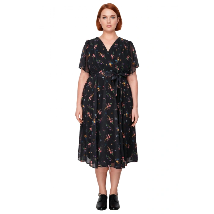 Kadın Çok Renkli Çiçekli V Yaka Kruvaze Maxi Boy Şifon A line Elbise İlkbahar Sonbahar Kaliteli