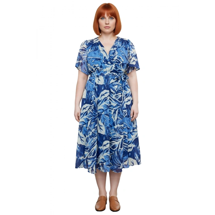 Kadın Çok Renkli Çiçekli V Yaka Kruvaze Maxi Boy Şifon A line Elbise İlkbahar Sonbahar Kaliteli