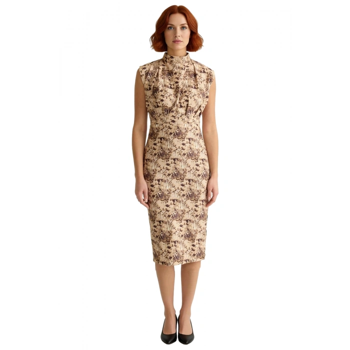 Kadın Çok Renkli Desenli Bodycon Siluet Midi Elbise Kolsuz Dik Yaka Polyester Karışımlı Konfor