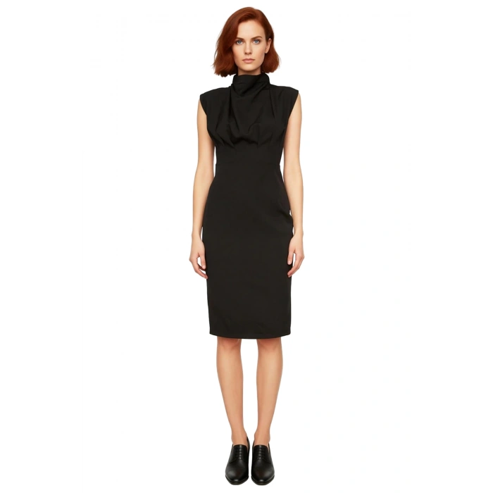 Kadın Çok Renkli Desenli Bodycon Siluet Midi Elbise Kolsuz Dik Yaka Polyester Karışımlı Konfor