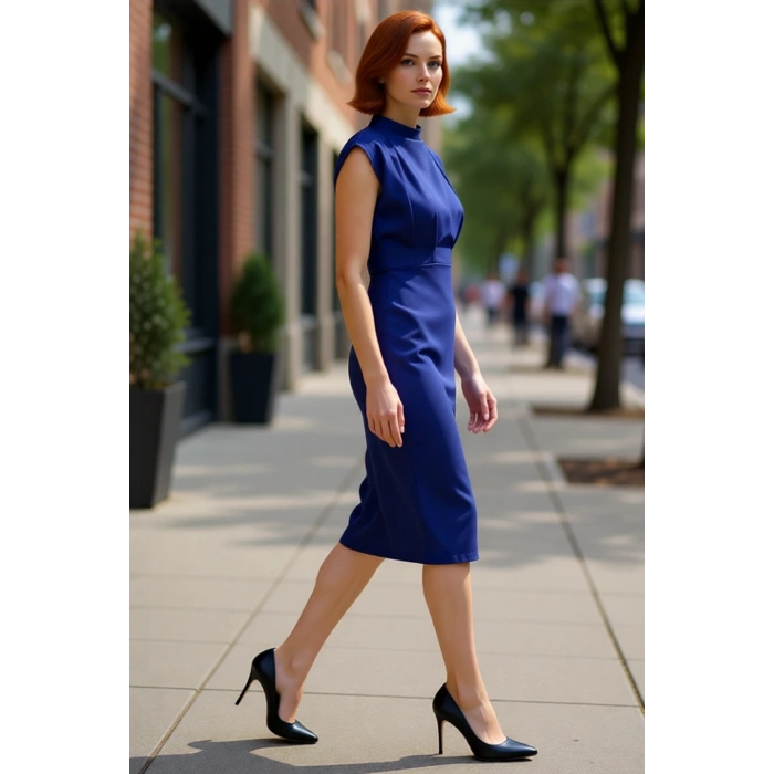 Kadın Çok Renkli Desenli Bodycon Siluet Midi Elbise Kolsuz Dik Yaka Polyester Karışımlı Konfor