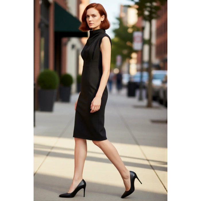 Kadın Çok Renkli Desenli Bodycon Siluet Midi Elbise Kolsuz Dik Yaka Polyester Karışımlı Konfor