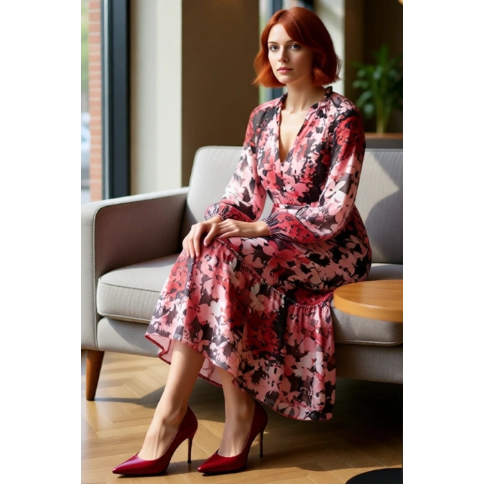 Kadın Çok Renkli Etnik Şal Desenli Midi Dokuma Elbise V Yaka Kuşaklı A Kesim Astarlı Uzun Kollu