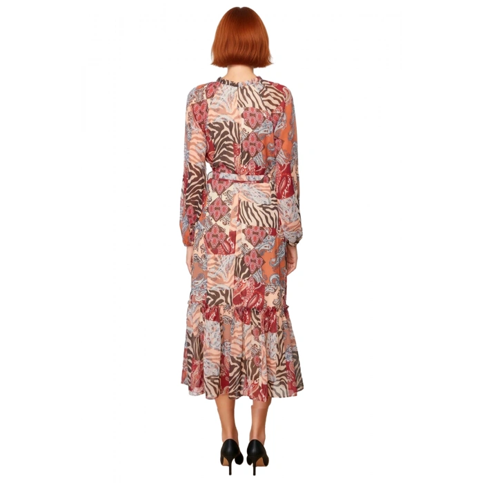 Kadın Çok Renkli Etnik Şal Desenli Midi Dokuma Elbise V Yaka Kuşaklı A Kesim Astarlı Uzun Kollu