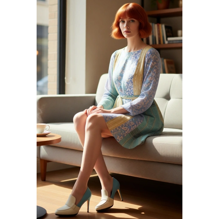 Kadın Çok Renkli Patchwork Baskılı Bisiklet Yaka Mini Elbise Skater Kalıp Şifon Dokuma Kumaş