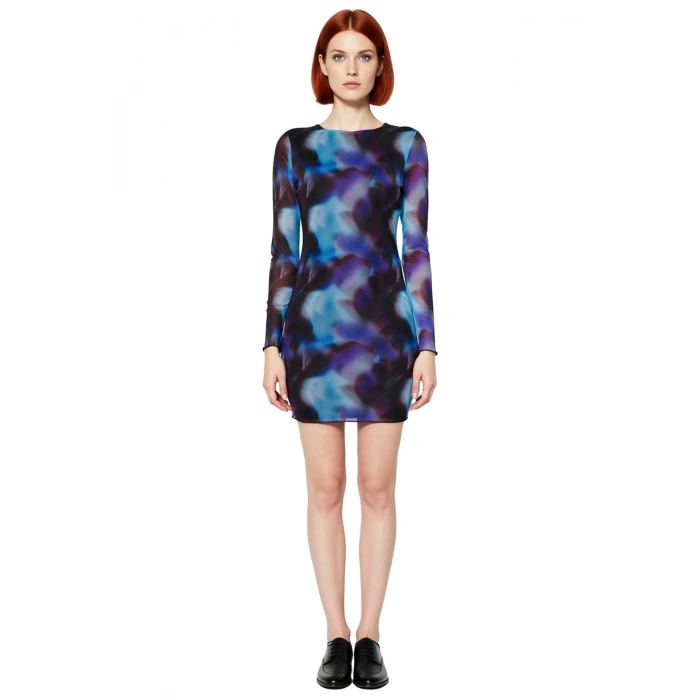 Kadın Çok Renkli Soyut Desenli Tül Bodycon Mini Elbise Uzun Kollu Şık ve Modern Gündüz Gece Tasarım