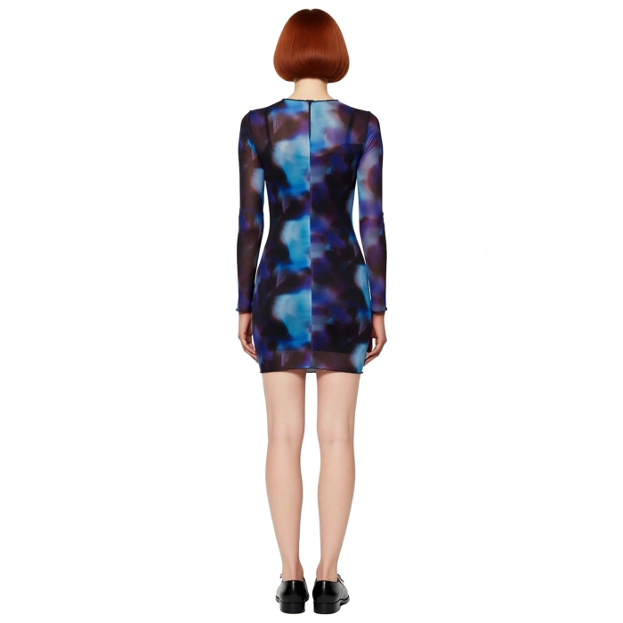 Kadın Çok Renkli Soyut Desenli Tül Bodycon Mini Elbise Uzun Kollu Şık ve Modern Gündüz Gece Tasarım