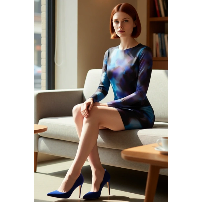 Kadın Çok Renkli Soyut Desenli Tül Bodycon Mini Elbise Uzun Kollu Şık ve Modern Gündüz Gece Tasarım