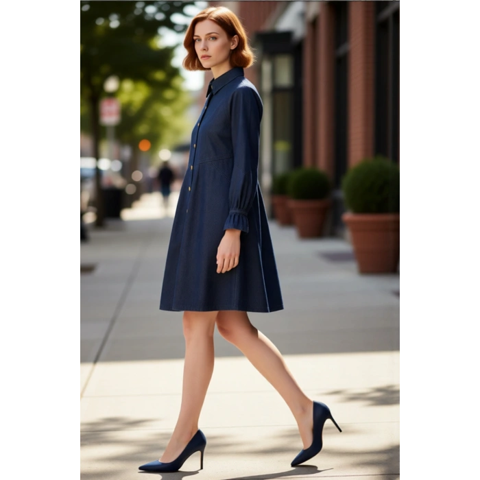 Kadın Cool Comfort A line Kesim Pamuklu Gömlek Yaka Astarsız Mini Denim Elbise Günlük Şıklık