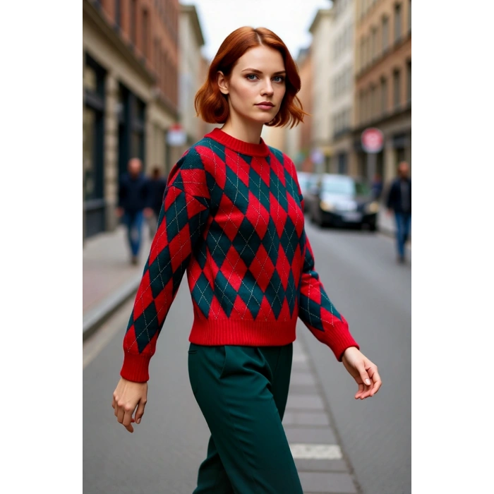 Kadın Cool Comfort Baklava Desenli Kışlık Triko Oversize Uzun Düşük Kollu Bisiklet Yaka Kazak