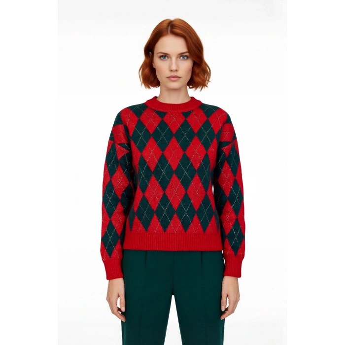 Kadın Cool Comfort Baklava Desenli Kışlık Triko Oversize Uzun Düşük Kollu Bisiklet Yaka Kazak