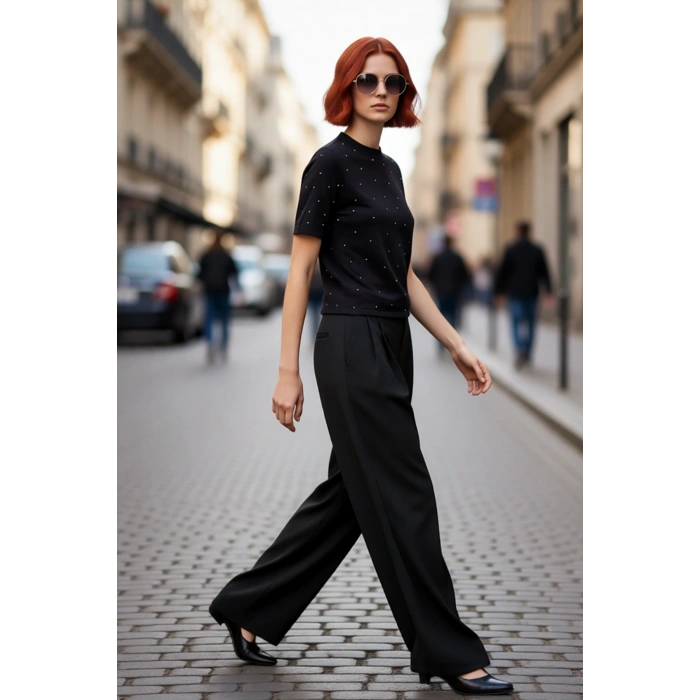 Kadın Cool Comfort Siyah Nakışlı Kısa Kollu Bisiklet Yaka Triko Bluz İlkbahar Sonbahar Kaliteli