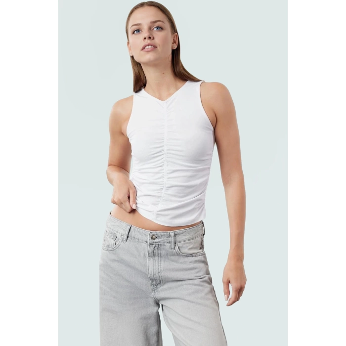 Kadın Crop Bisiklet Yaka Örme Bluz Pamuklu Likralı Penye Günlük Tarz Premium Kalite Trend Tasarım