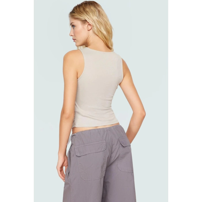 Kadın Crop Bisiklet Yaka Örme Bluz Pamuklu Likralı Penye Günlük Tarz Premium Kalite Trend Tasarım