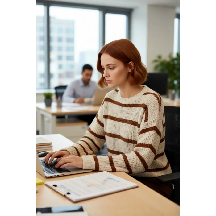 Kadın Crop Boy Akrilik Triko Kazak Bisiklet Yaka Geniş Kalıp Çizgili Soğuk Havalara Uygun Kaliteli