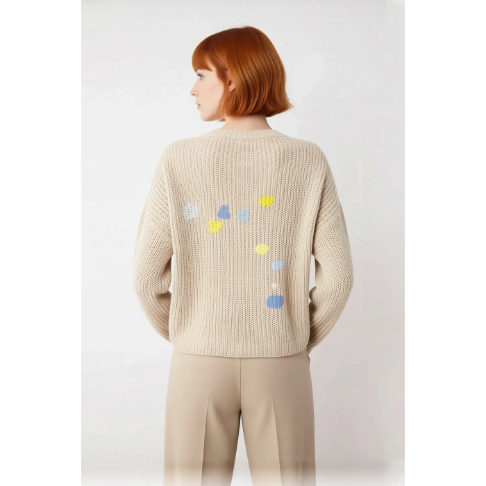 Kadın Crop Boy Akrilik Triko Kazak Bisiklet Yaka Geniş Kalıp Çizgili Soğuk Havalara Uygun Kaliteli