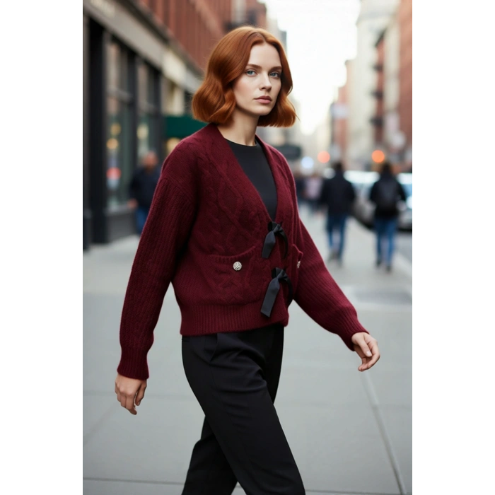 Kadın Crop Boy Saç Örgü Desenli V Yaka Düşük Kol Regular Kalıp Triko Kazak Şık Fiyonk Detaylı