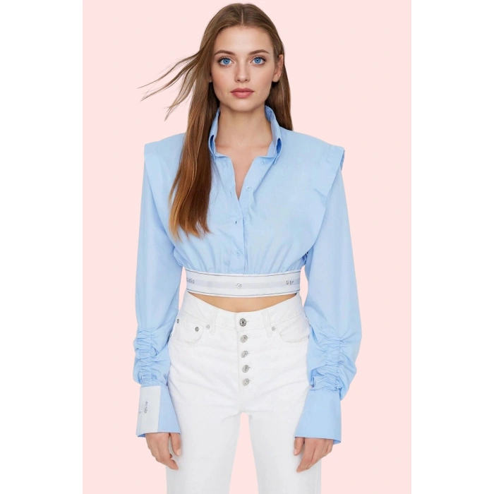 Kadın Crop Gömlek Basic Siluet Poplin Dokuma Düz Desenli Günlük Kullanım Dayanıklı Malzeme