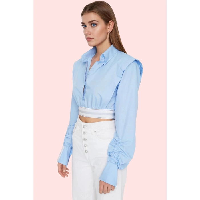 Kadın Crop Gömlek Basic Siluet Poplin Dokuma Düz Desenli Günlük Kullanım Dayanıklı Malzeme